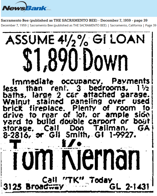 SacAppraiser's tweet photo. Here's an ad from 1959 in @sacbee_news advertising an assumable GI loan. Lots of conversation today about assumable loans. Challenging to do, but they happen once in a while. I'll push out some stats soon about that. Any thoughts? https://t.co/zKZTFEKJn9