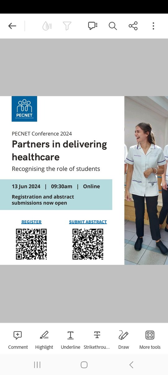 SAVE THE DATE.Calling all HSCPs. The Practice Education Coordinator Network brings the 2024 PECNet Conference,'Partners in delivering healthcare: Recognising the role of students',to you on the 13th June 2024.Registration &amp; abstract submission QR codes can be found in the poster.