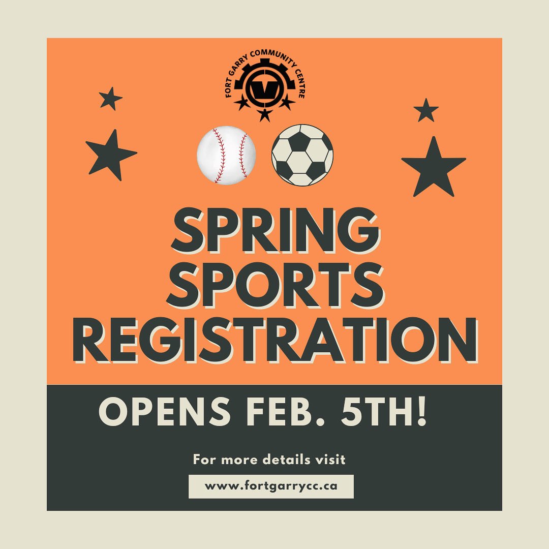 FortGarryCC's tweet photo. Registration for softball, baseball, and mini-soccer starts Monday, Feb. 5th! 

The Sports section of our website will be updated on Monday with details and registration links. https://t.co/oNuu22nUT7 https://t.co/ZpW4UFlmPz