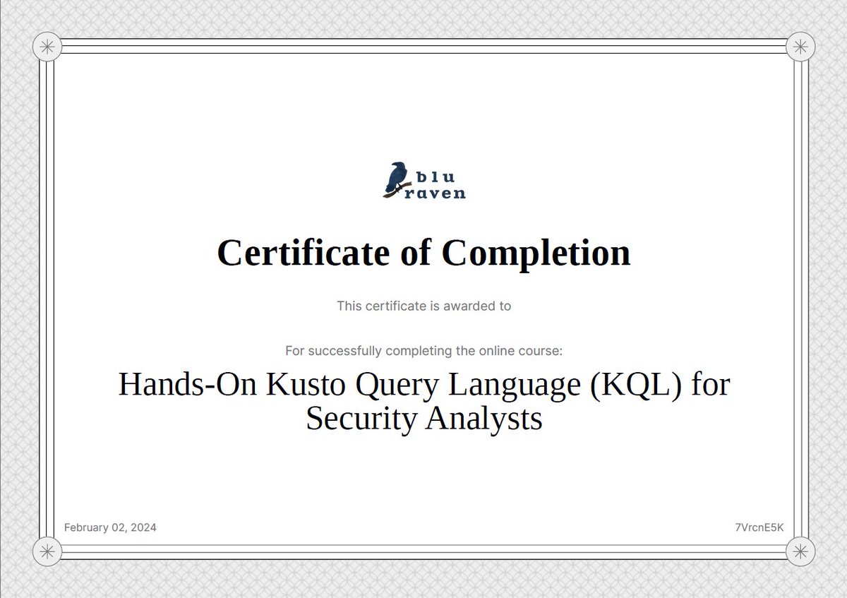 Mazlum BAYDAR (@baydarmazlum) on Twitter photo I am happy to share that I got a #NewCertificate! ๐ซ
โ
Thank you very much for your effort and dedication in creating and delivering this valuable training <a href="/Cyb3rMonk/">Mehmet Ergene</a> ๐ . I highly recommend this training to anyone who wants to learn KQL.
Thanks <a href="/adeosecurity/">ADEO Cyber Security Services</a> + <a href="/BluRavenSec/">Blu Raven</a> I am happy to share that I got a #NewCertificate! ๐ซ
โ
Thank you very much for your effort and dedication in creating and delivering this valuable training <a href="/Cyb3rMonk/">Mehmet Ergene</a> ๐ . I highly recommend this training to anyone who wants to learn KQL.
Thanks <a href="/adeosecurity/">ADEO Cyber Security Services</a> + <a href="/BluRavenSec/">Blu Raven</a>
