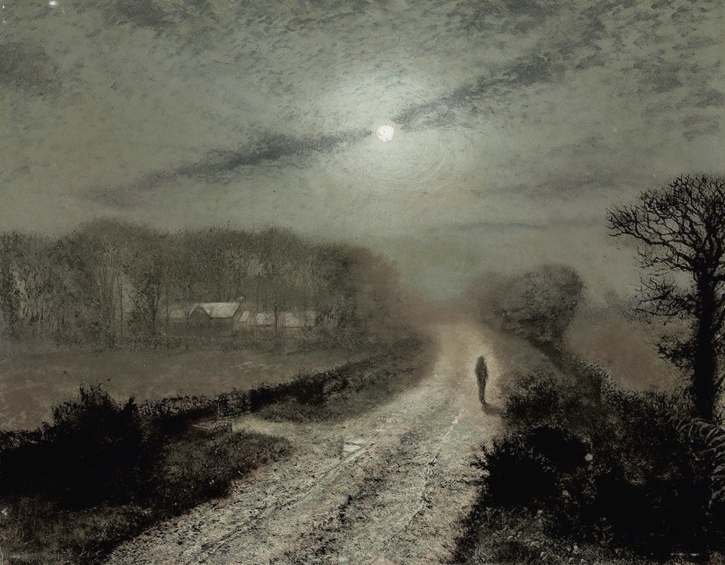 'Walking at night the roads of the day reveals hidden Kingdom of silver soft grey.' A Moonlit Landscape 🎨 John Atkinson Grimshaw