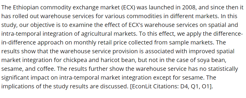 'The impact of warehouse services on spatial and intra-temporal agricultural market integration: The case of the Ethiopian commodity exchange's warehouse services' by Yohannis Mulu Tessema (@yohannismt), Derek Baker doi.org/10.1002/agr.21… @WileyEconomics @WileyBusiness