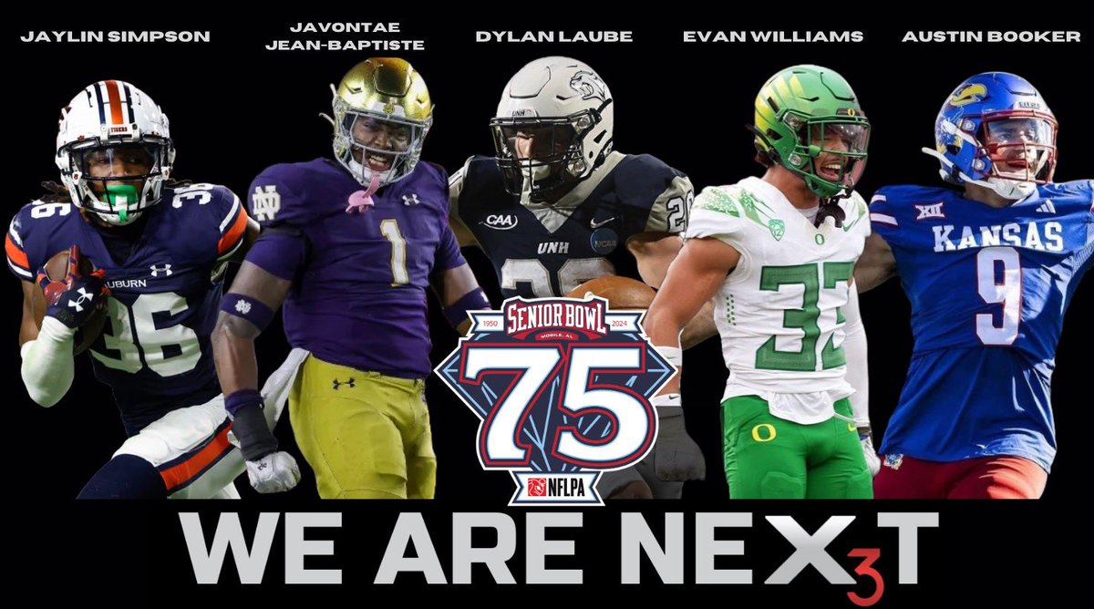 Our X3 boys will be putting in work at the Senior Bowl this Saturday! It’s a privilege to support @jaylinsimp @Javontae_JB @dylan_laube @evan_williams32 and @austinbookerr as they get even closer to their dreams. #X3totheNFL