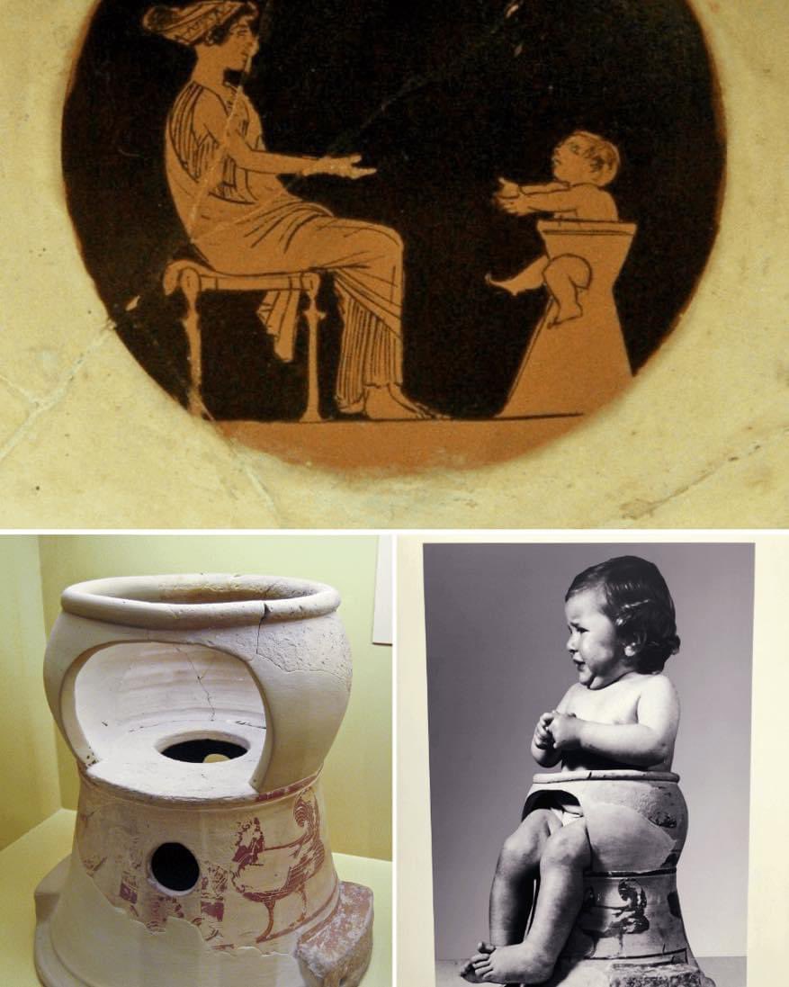 artifactmuseum's tweet photo. An ancient Greek kylix showing a baby sitting in his pottychair and calling to his mother. ca. 480 BCE, the Royal Museums of Art and History, Brussels. And a 6th Century BCE potty found in the Athenian Agora. Agora Museum, Athens 

More: https://t.co/uCcDQlAyjR https://t.co/Pm5VY8Oubg