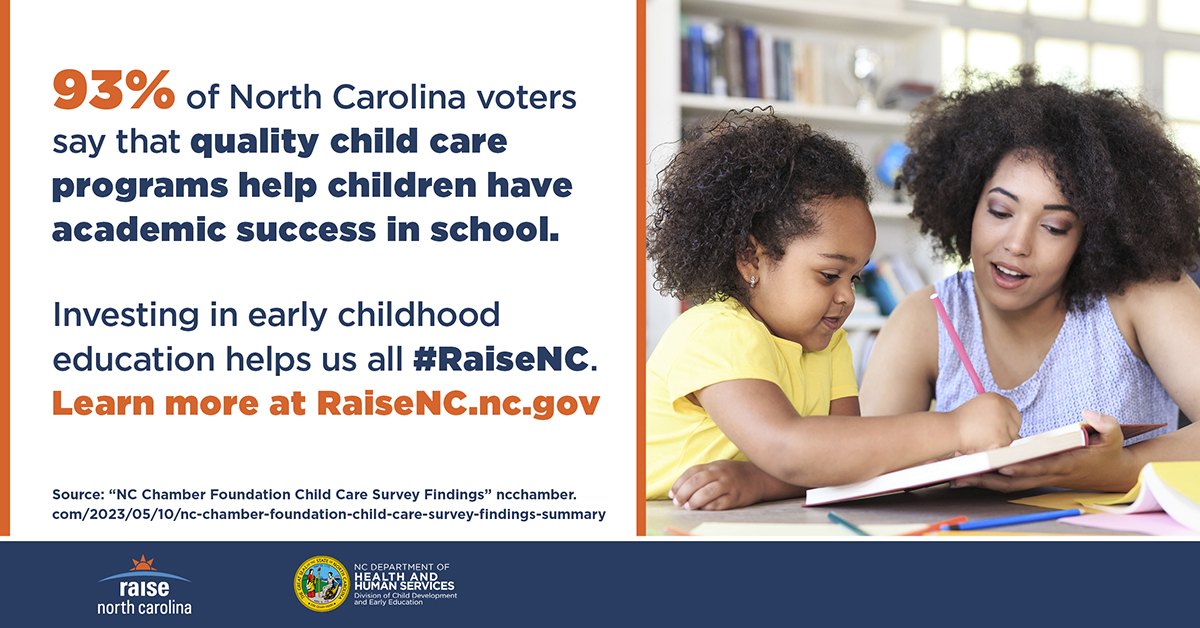 North Carolina relies on quality early childhood care and education—in child care programs and NC PreK—to support children’s healthy development and learning, allow parents to work and keep businesses running. 

Learn more at RaiseNC.nc.gov