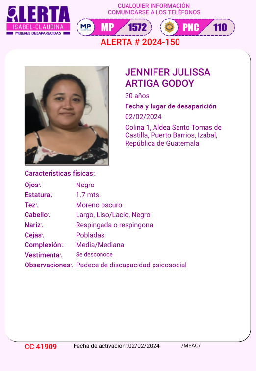 isabel_claudina's tweet photo. #AlertaIsabelClaudina
🚨 Ayúdenos a encontrar
JENNIFER JULISSA ARTIGA GODOY
Desapareció el 02 de Febrero de 2024
 Cualquier información comunicarse al teléfono 📞 1572
Gracias por difundir esta información❗ https://t.co/lcxaVZemjW