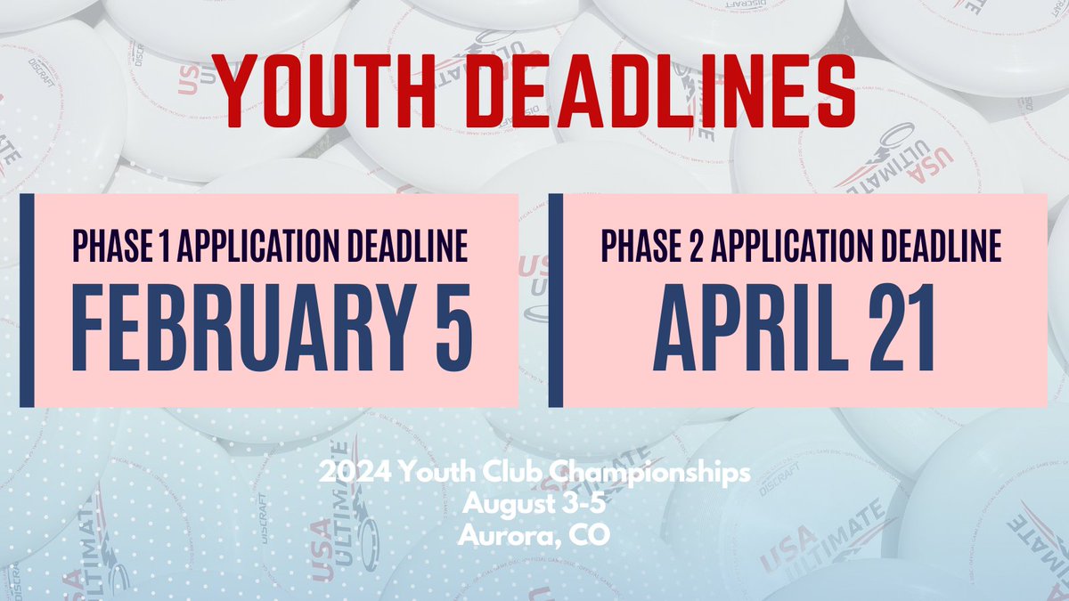 Reminder: The Phase 1 application deadline for the 2024 Youth Club Championships is this Monday! For more information, review the links below. 2024 Youth Division Guidelines: usaultimate.org/youth/2024-you… Apply Here: surveymonkey.com/r/2024yccappli…