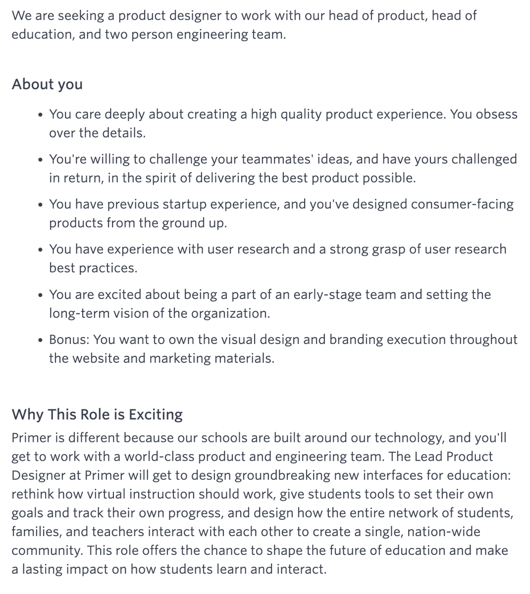 rbrrw's tweet photo. tired of redesigning buttons for an enterprise saas app?

we're hiring a Lead Product Designer to help rebuild the American education system. work with our Product and Education leaders to tell me and @bjoveski what to do!

DMs open, or jobs@primer[dot]com https://t.co/MblsSNlq5Q