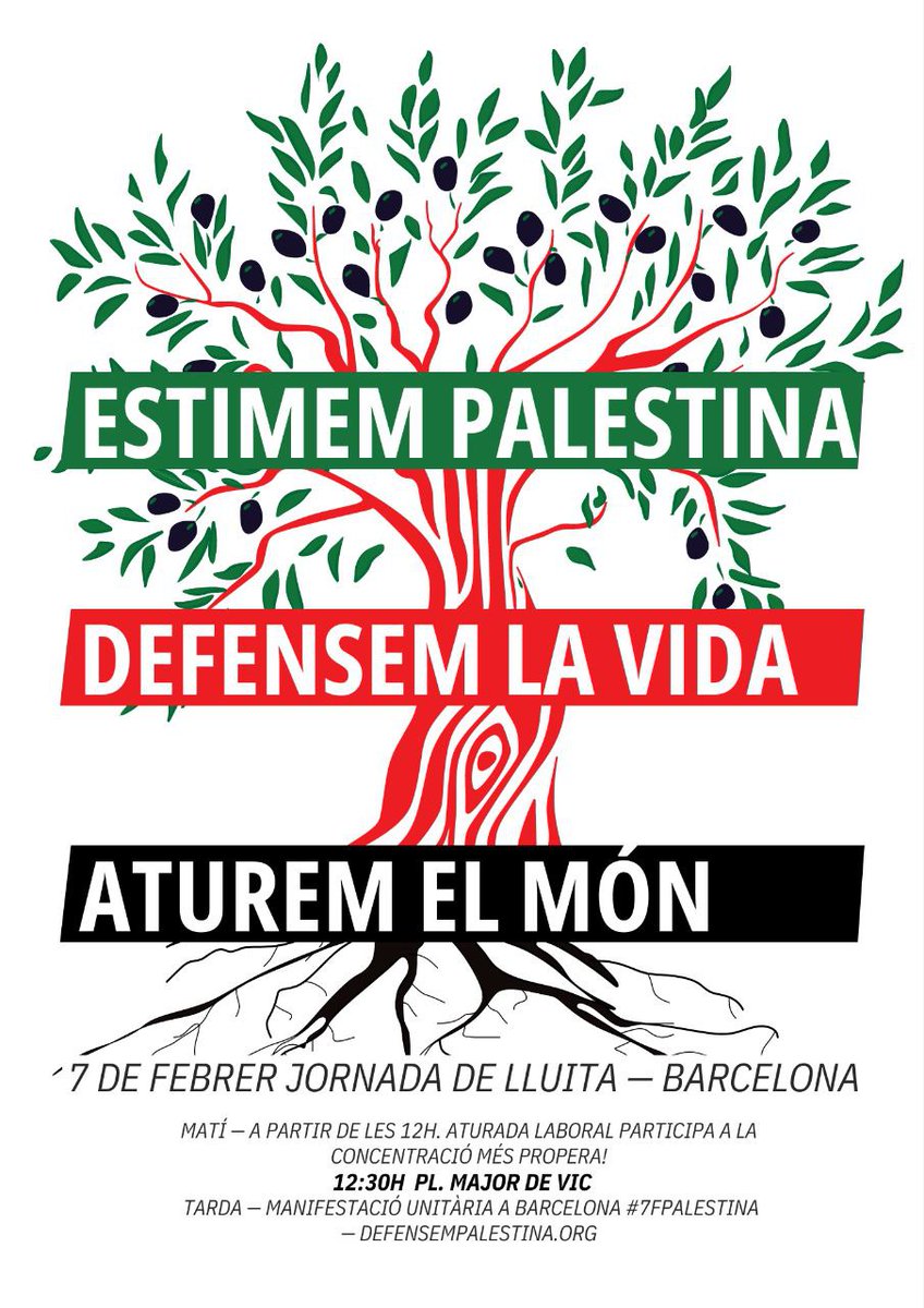 🇵🇸 Estimem #Palestina!
Defensem la vida!
Aturem el món! 🍉

#7FPalestina 👉 Jornada de lluita

➡️ Participa en les aturades i activitats d'aquesta jornada!

📍 12h. Aturada laboral

📍 12.30h. Concentració. Pl. Major de Vic

📍 18h. Manifestació a BCN

🔗 defensempalestina.org