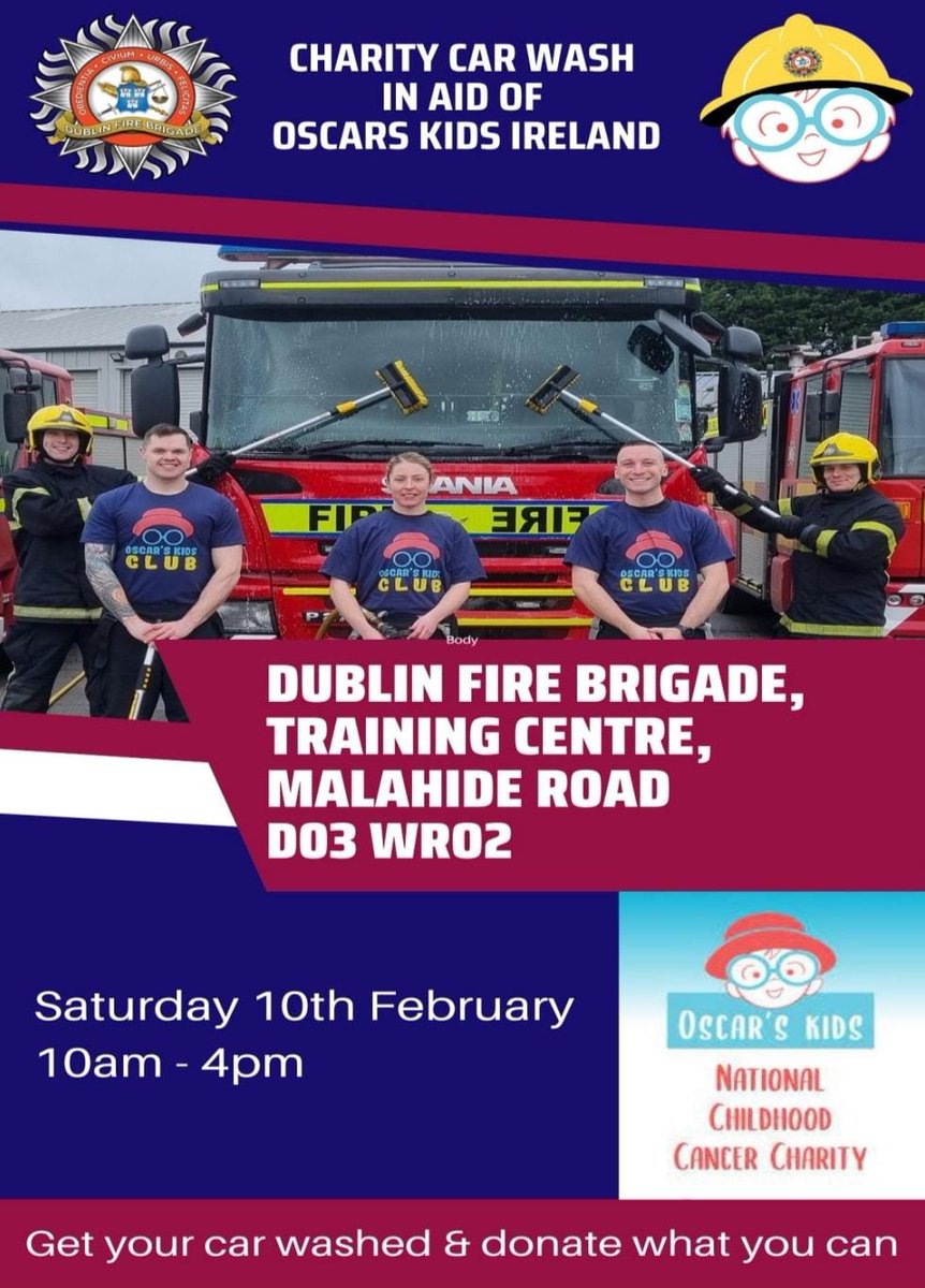 DubFireBrigade's tweet photo. Our #DFBRecruits will be holding a charity car wash on the 10th of February at our Training Centre

All are welcome to come along, get your car washed and support a very worthy cause by donating what you can

@OscarsKidsIE https://t.co/2cTZMmlFI4