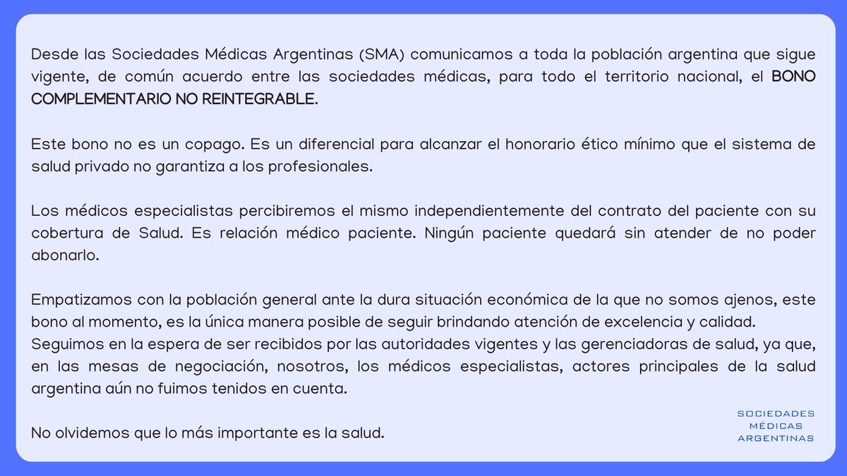 SMA comunica que sigue vigente en todo el territorio Nacional el BONO COMPLEMENTARIO NO REINTEGRABLE. No es un Copago. Es un bono para alcanzar el HONORARIO ÉTICO MINIMO. (hilo con más info)