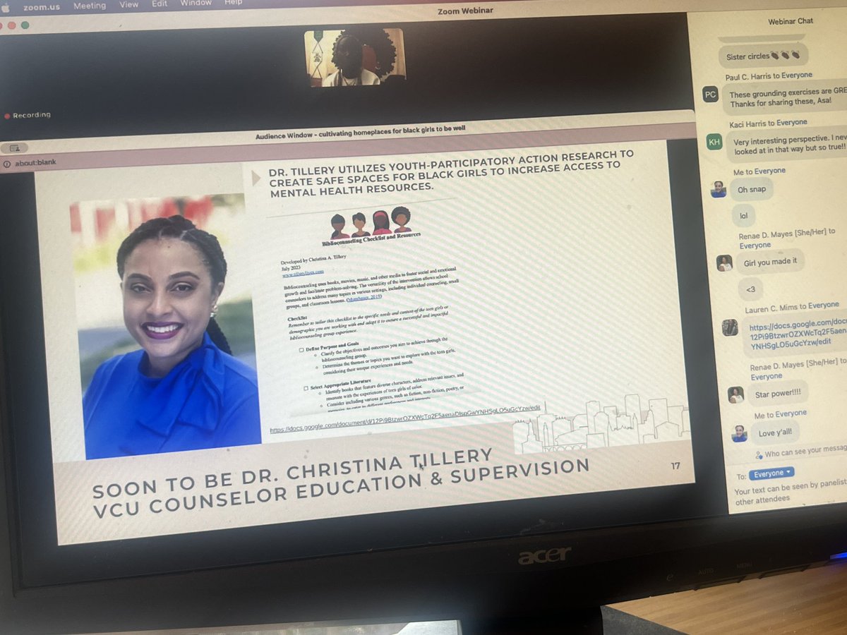 Sitting here taking notes during a great webinar on cultivating homeplaces for Black girls, and I see my big head on the screen 🤣 Thank y’all for the love. It was needed. 💜 .@DrLaurenMims .@DrRDMayes .@paulharris917