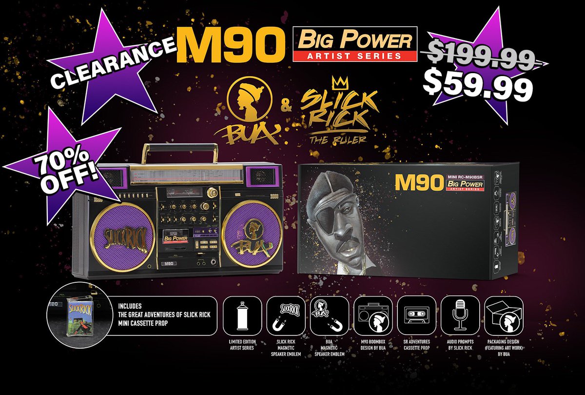 SAVE 70% on our official SLICK RICK M90 MINI  boombox designed by artist BUA.  Hurry because once these Limited Edition M90's are gone, they're gone forever!
Check out all the features &amp; get this amazing deal at: newwavetoys.com
