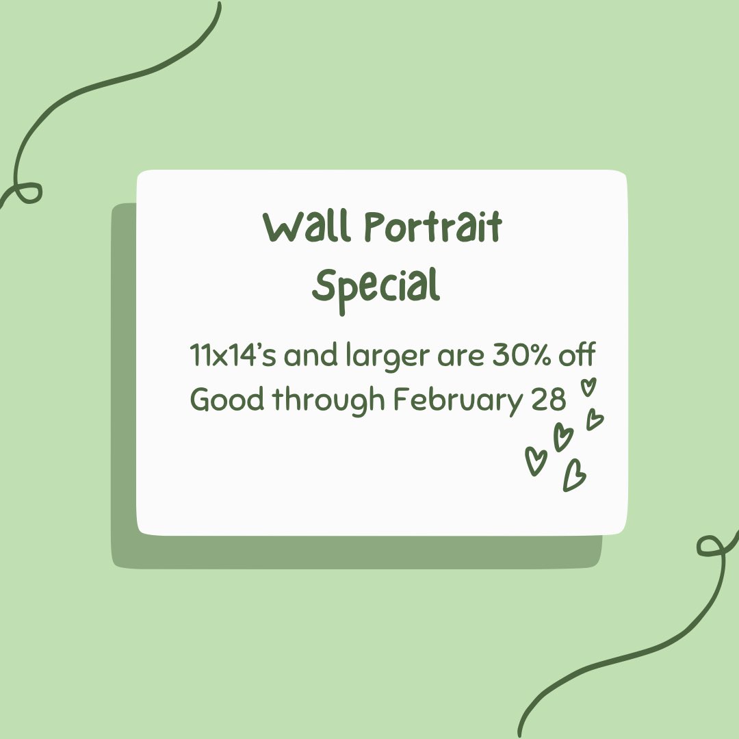 Two great specials for February! 

Wall Portraits are 30% off. 
Kids Club Membersips are $125 

Both specials may be ordered and paid for by phone with a credit or debit card 
270-781-3959