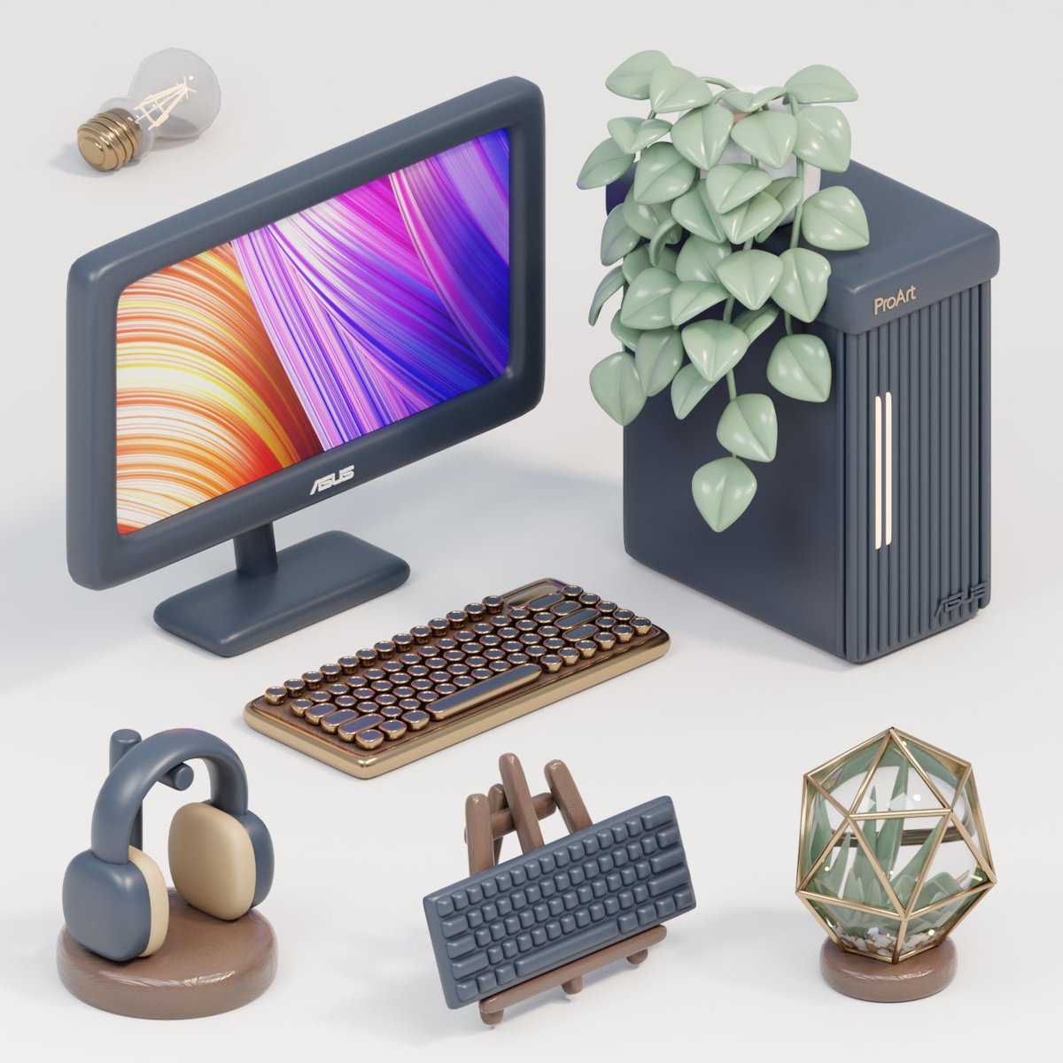 Teasing some assets for my upcoming project in the #ShareProArt Challenge! 🤍 Stay tuned for the full illustration coming your way soon. Ready to dive into a world of creativity and elegance? 🤍 #ProArt @ASUS 

#blender #b3d #desksetup