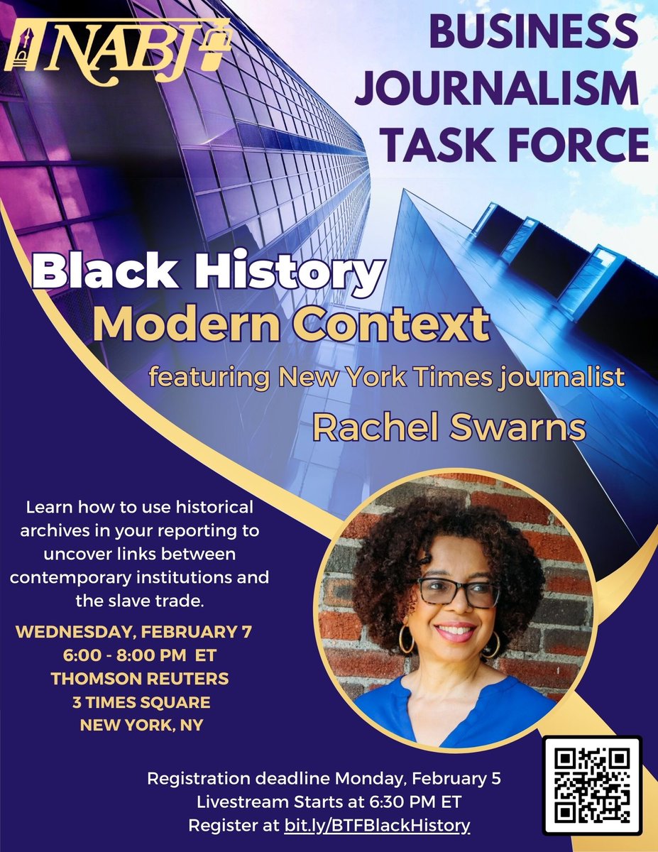 NABJBiz's tweet image. Join us on Wed., Feb. 7 for a conversation between @rachelswarns, who uncovered Georgetown University's ties to the slave trade, and @MoiseNoise about how you can use historical archives to strengthen your reporting. Sign up by Monday here: bit.ly/BTFBlackHistory