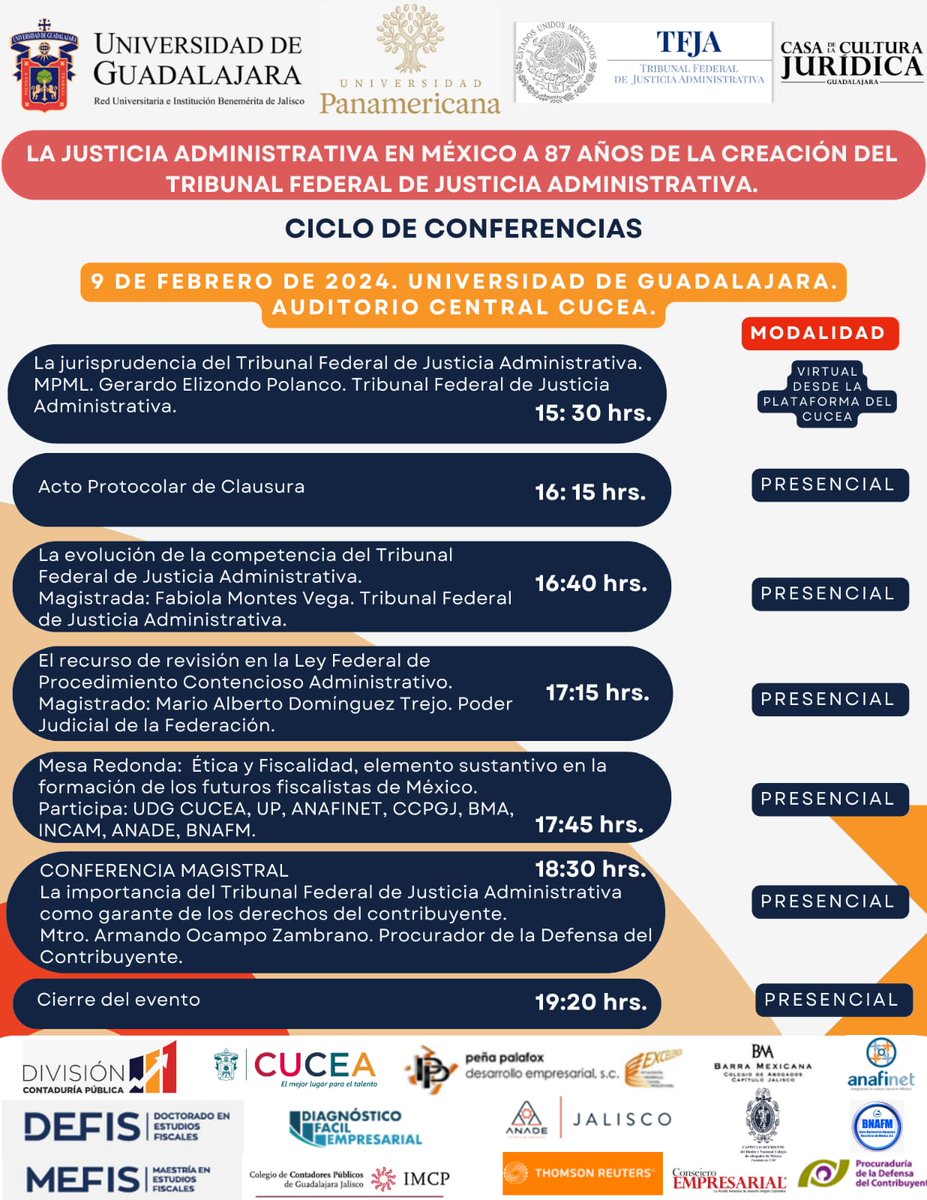 Para conmemorar los 87 años de la creación del <a href="/TFJA_Mex_Ofi/">TFJA México</a>, la <a href="/udg_oficial/">Universidad de Guadalajara</a>, en conjunto con la <a href="/UPInstitucional/">Universidad Panamericana</a> y la Casa de la Cultura Jurídica de la <a href="/SCJN/">Suprema Corte</a>, preparan actividades para actualizar a profesionales y estudiantes en la materia.