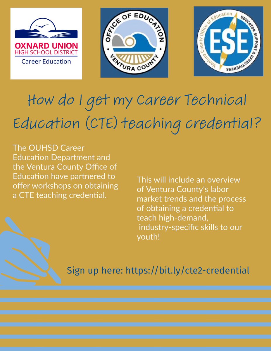 Want to learn how to become a Career Technical Education teacher? Our department & @careereducationcenter is hosting a virtual workshop on Monday February 12,2024 from 5:30pm to 6:30pm. Please use this link to sign up: bit.ly/cte2-credential #careereducation