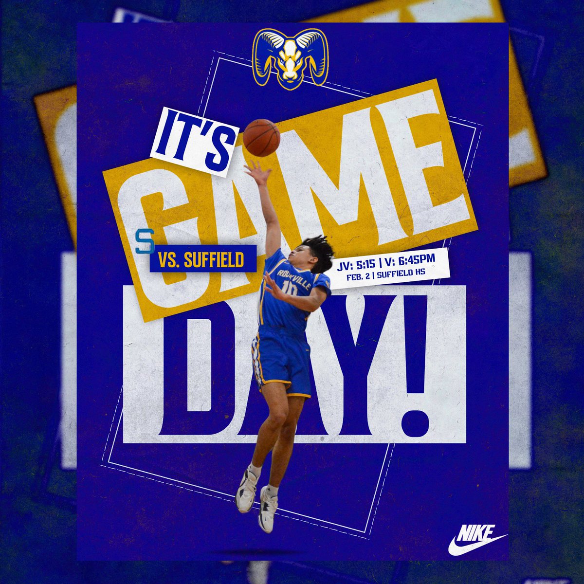 TheRockHoop's tweet photo. It’s Gameday #1️⃣6️⃣❗️❗️Looking for our 8th win in a row and 9 out of 10!!

🆚 Suffield Wildcats
 
📍Suffield High School

⏰Freshman 3:45/JV 5:15/Varsity 6:45

Come out and support the Rams on the road!!! 🔵🟡

#ctbb https://t.co/nxn1DIpRVc