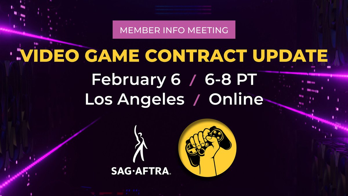 🎮 #SagAftraMembers, join us for an update on the Interactive Media Agreement (Video Games) contract! 📅: Tuesday, Feb. 6 🕧: 6-8 PT 📍: Online via Zoom or in person in L.A. at SAG-AFTRA HQ 🔗More info/RSVP: ow.ly/fXAh50QxqGv