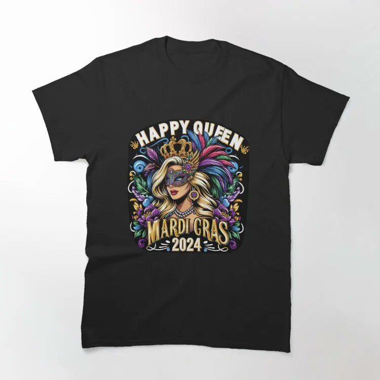 'Get your hands on this must-have classic tee featuring a trendy Mardi Gras queen design! 🎭👑 Don't miss out on our special offer! #MardiGrasQueen #TrendyTee #FashionFinds #LimitedEdition #ShopNow'