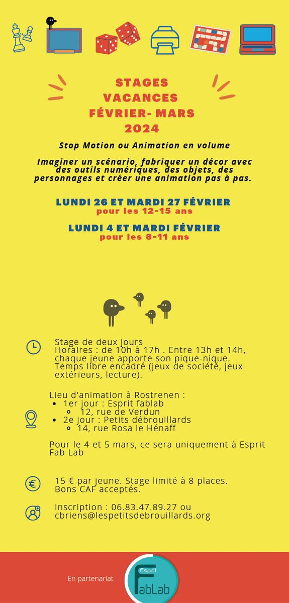 Nous organisons deux stages à Rostrenen pendant les vacances scolaires pour des jeunes. En partenariat avec Esprit Fab Lab et le CD22.
Pour s'inscrire, c'est ici : lespetitsdebrouillardsgrandouest.org/events/2-stage…