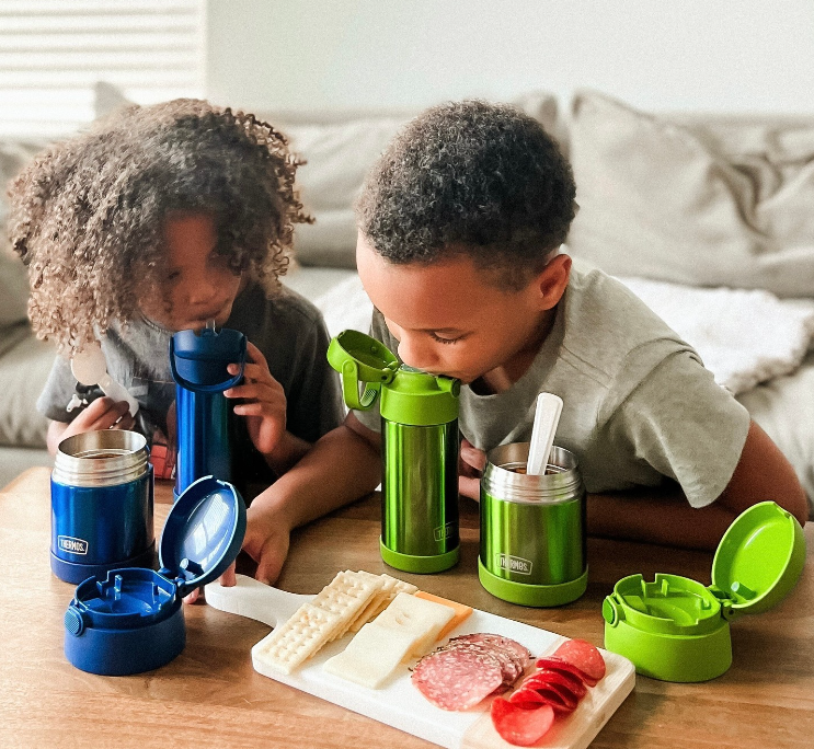 Our FUNtainer® Water Bottles and Food Jars come in a variety of matching bright colors like Navy and Lime, and are built with double wall stainless steel construction to handle assorted roughhousing.