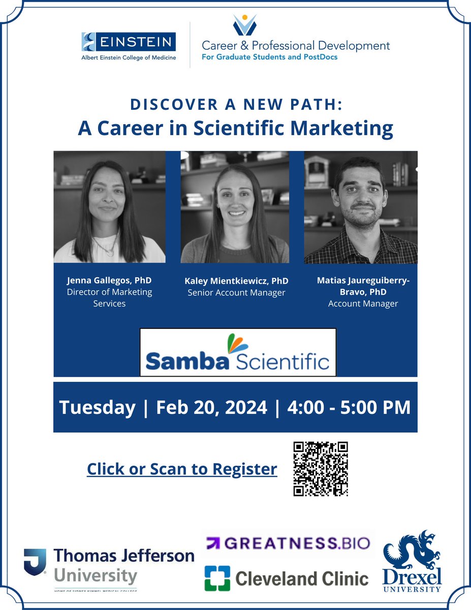 Explore the realm of scientific marketing! Reps. from Samba Scientific, a tactical marketing firm for diagnostic, genomic, and life science companies, will discuss how your scientific expertise can transition into the dynamic field of marketing.

Register today! Link in bio.