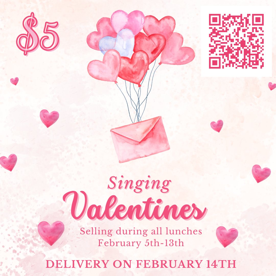 @MaydeToSingMCHS 's annual Singing Valentines will be sold February 5th-13th during all lunches and online! $5 for a song, personal message, and a wooden rose - add a valentine bracelet for only $2 more dollars! All valentines will be delivered on Valentine's Day, February 14th.