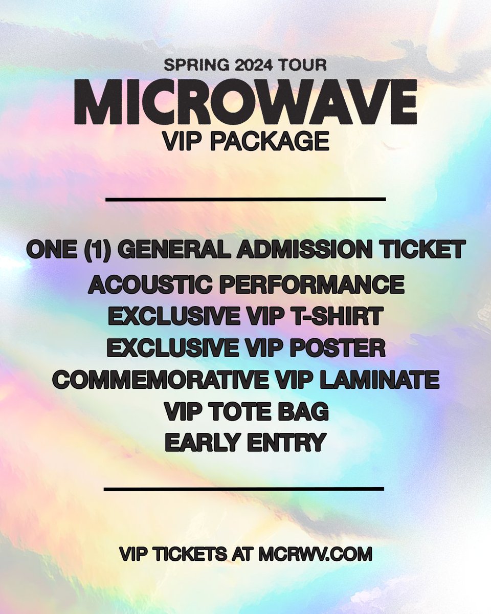 MICROWAVE TOUR 2024 FEATURING @GAMIGANG, @HeartAttackMane, & @carpooltunnelca. VIP ON SALE NOW. TICKETS ON SALE THIS FRIDAY AT NOON LOCAL. ARE YOU BORED OF BEING SAD? FIND THE CURE AT MCRWV.COM