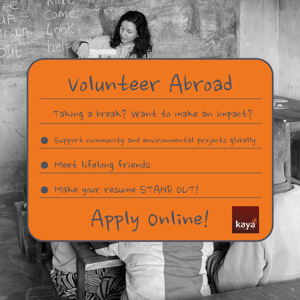 February is Gap Year Exploration month!! Kaya Responsible Travel wants to put the impact in your Gap Year. You can intern or volunteer abroad THIS YEAR with Kaya. See available programs on our site. hubs.la/Q02jJYYb0

#gapyearmonth #kayaresponsibletravel #gapyearexploration