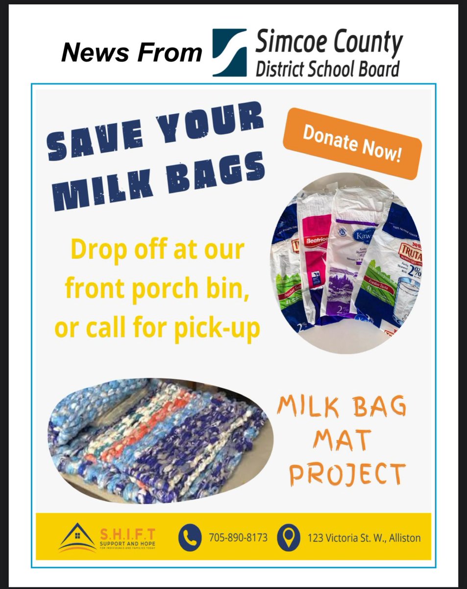 The Boyne River Eco Team will be collecting milk bags to donate to SHIFT Alliston. 
If you have any, please send them directly to <a href="/boyne_river/">Boyne River P.S.</a> 
<a href="/ChuckFDollin/">Mr. Dollin AKA Chuck</a>