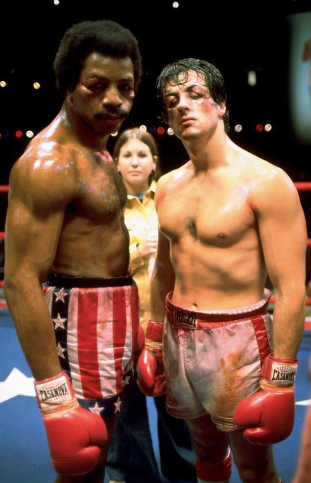 fightpicsgohard's tweet image. Carl Weathers and Sylvester Stallone on the set of Rocky (1976)