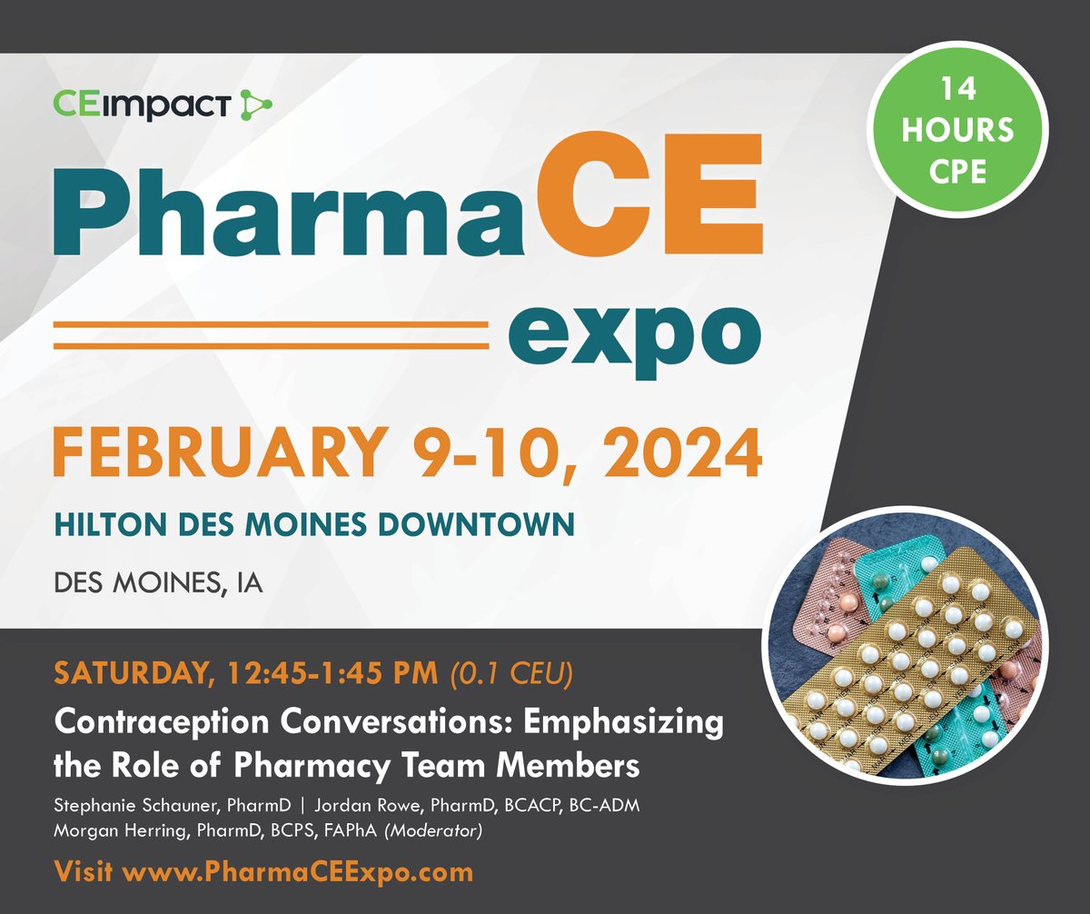 Join us for two action-packed days of high-quality CE!

At #PharmaCE2024, engage in discussion around #contraception, from the intricate regulatory frameworks to collaborative care models involving #pharmacy professionals.

Registration closes Monday! bit.ly/3mqCEoq
