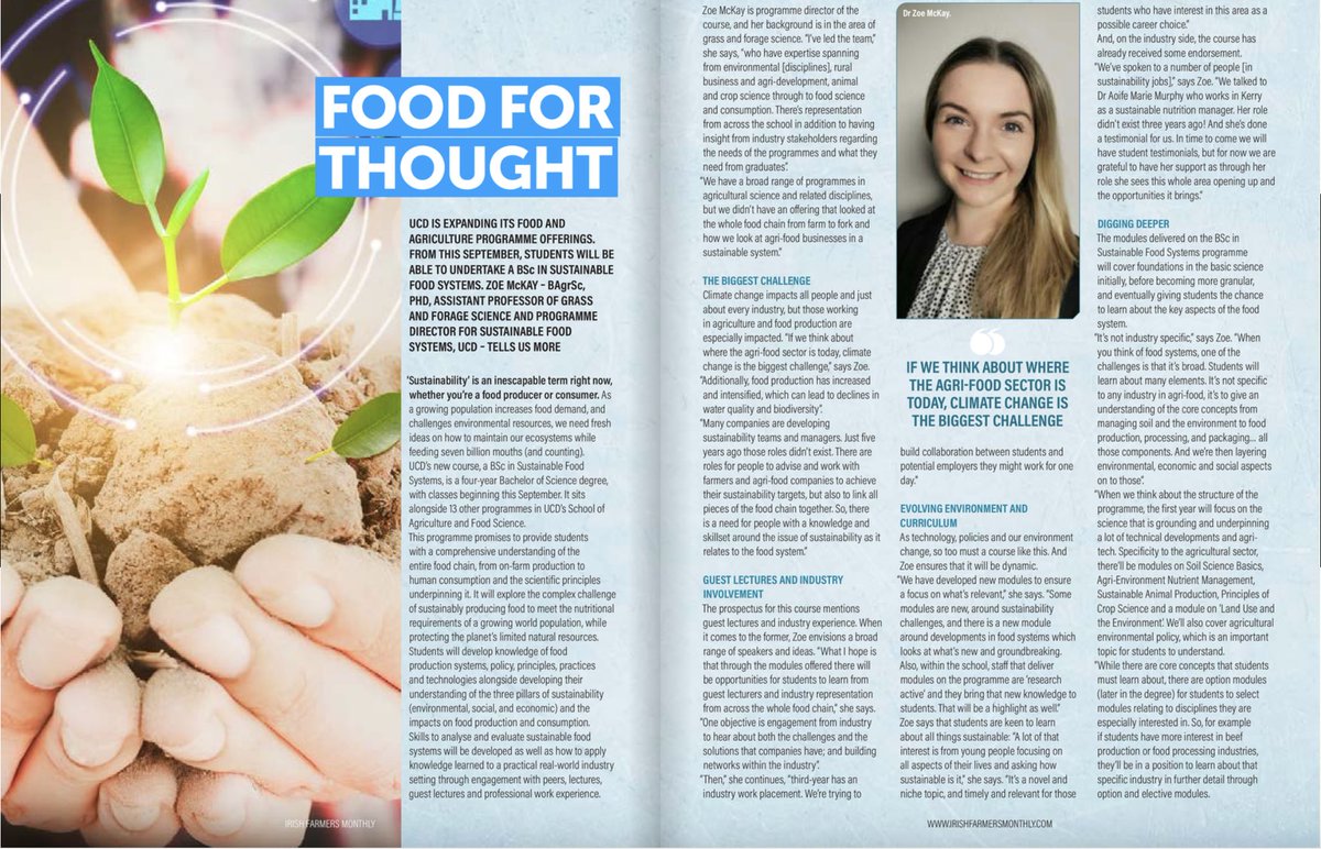 Another brilliant feature in this months @FarmersMonthly of our exciting new BSc Sustainable Food Systems. Programme Director @Zoe_C_McKay said this course gives future graduates the opportunity to become leaders in the area of sustainable food systems irishfarmersmonthly.com/latest-issue