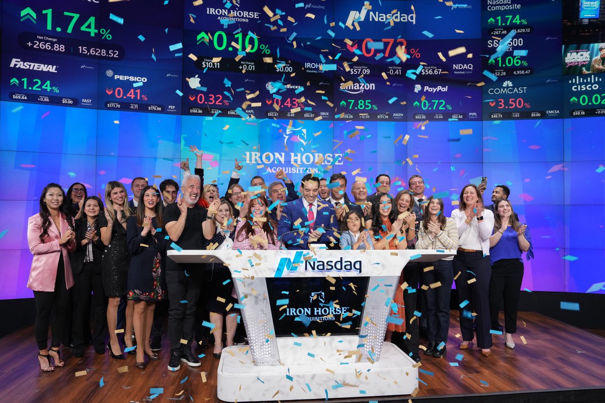 NasdaqExchange's tweet photo. We are closing out the week with @Ironhorseacq! 🛎️🎉

Celebrating its listing on @NasdaqExchange at the Closing Bell, Iron Horse Acquisitions Corp. is an acquisitions company focusing primarily on the media & entertainment sector. Congratulations and thank you for joining us today! #NasdaqListed
