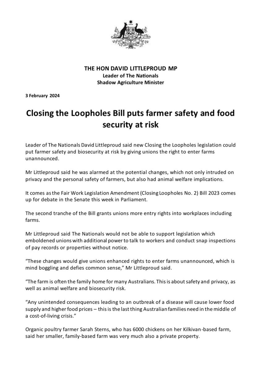 D_LittleproudMP's tweet photo. New Closing Loopholes legislation is to be introduced to Parliament this week. It gives unions the right to enter farms unannounced and The Nationals will not be supporting it. https://t.co/VrXIb89ZEd
