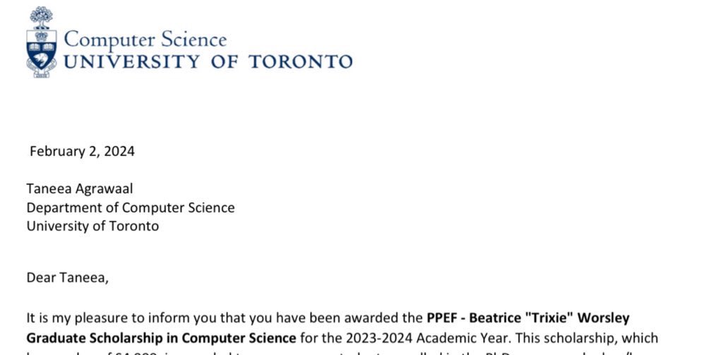 Taneea S Agrawaal (@tansa05) on Twitter photo What a great start to the weekend!!
Thanks <a href="/UofTCompSci/">U of T Department of Computer Science</a> for awarding me with the Beatrice "Trixie" Worsley Graduate Scholarship in Computer Science! 😁 What a great start to the weekend!!
Thanks <a href="/UofTCompSci/">U of T Department of Computer Science</a> for awarding me with the Beatrice "Trixie" Worsley Graduate Scholarship in Computer Science! 😁
