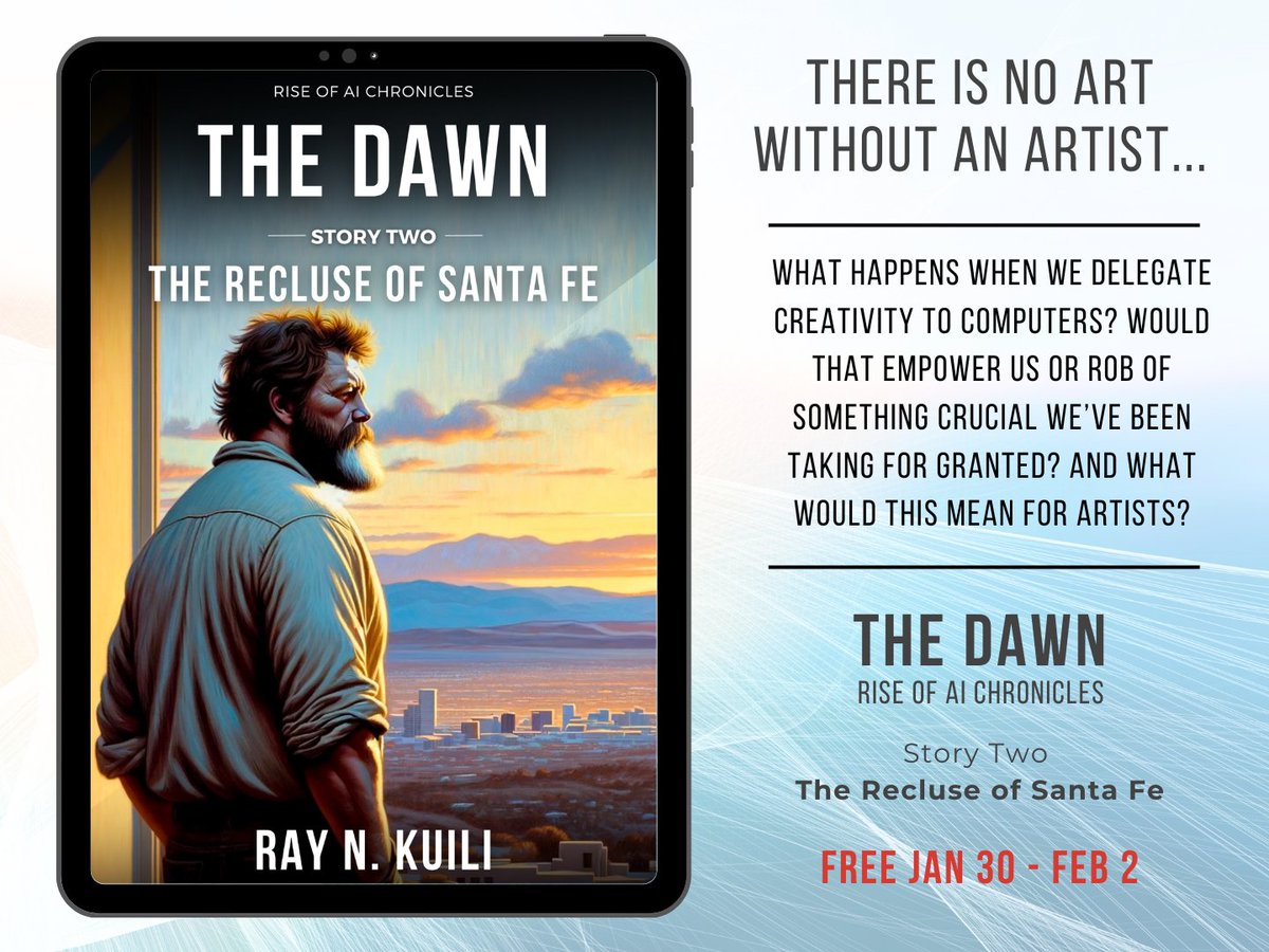 The Recluse of Santa Fe, the new story of The Dawn series, explores the consequences of delegating creativity to computers. Now #1 free Hard Sci-Fi in Kindle Store. Also on Kindle Unlimited amzn.to/3OpKUTE
#KindleUnlimited #kindlebook #scifibooks #scifi #midjourney #dalle
