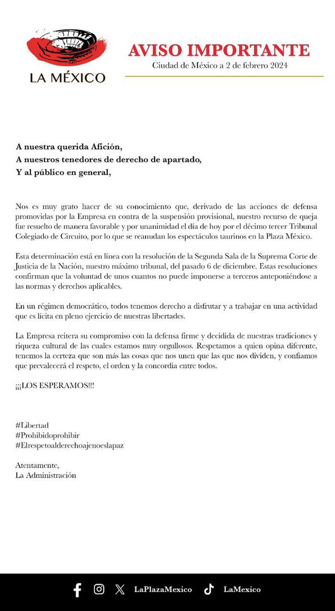 Les adelanto, por unanimidad, Tribunal Colegiado determina que sí habrá corridas de toros en la Plaza México.