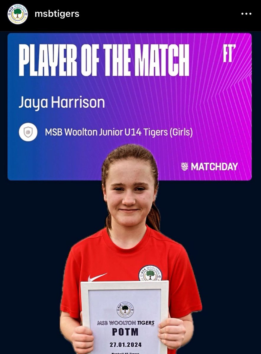 Last weeks POTM, 110% effort💪Keep up the great work 🐯⚽️🐯⚽️