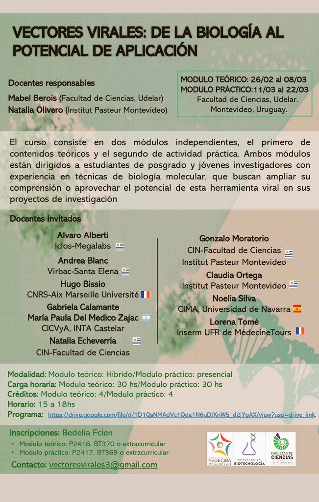 AdrianaDelfraro's tweet photo. Atenti!!.📣💥🔥
Todo lo que UD quería saber sobre VECTORES VIRALES pero temía preguntar!!!..
En febrero, en @VFcien @FcienUdelar @PedecibaB @Est_PEDECIBA https://t.co/B6vsDl4Zeb