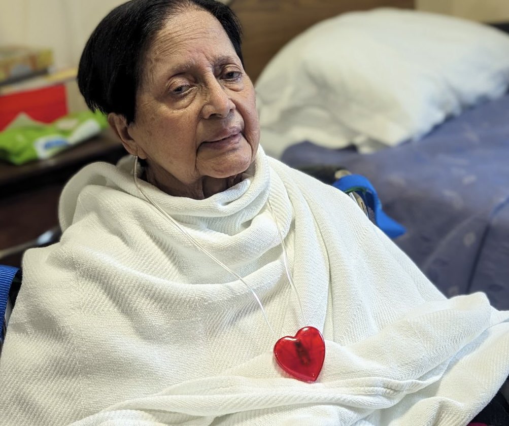 Happy National Wear Red Day. An on-the-mend Mrs. Huda is wearing a red pendant (It lights up!) from @AHAMissouri Support heart health and @GoRedForWomen