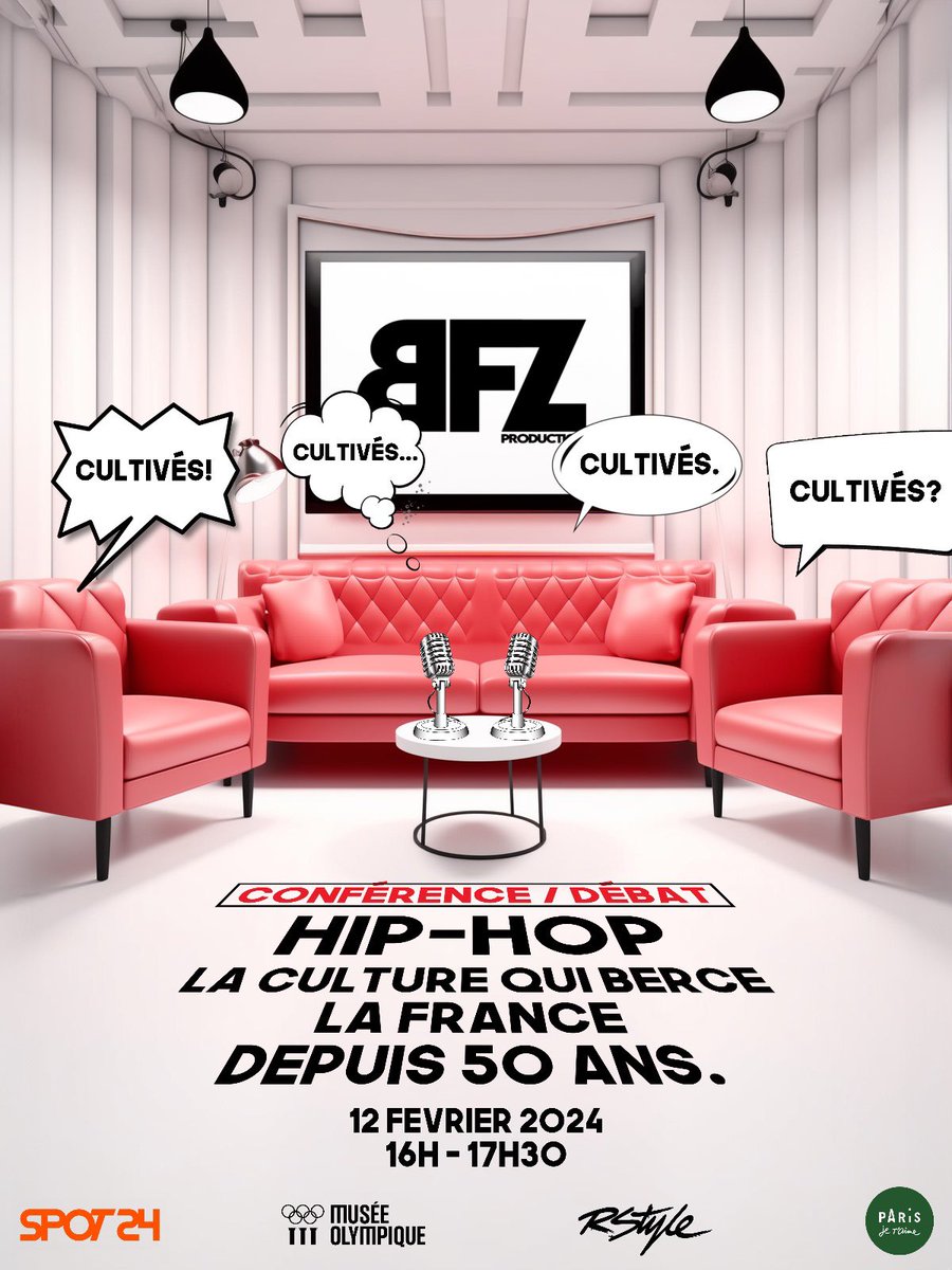 Le lundi 12 février on vous convie pour notre toute première conférence-débat au Spot 24 à Paris de 16h à 17h30. Pour ce volet d’ouverture, on parlera du hip-hop, mais sous toutes ses coutures, avec celles et ceux qui font et vivent cette culture maintenant cinquantenaire.