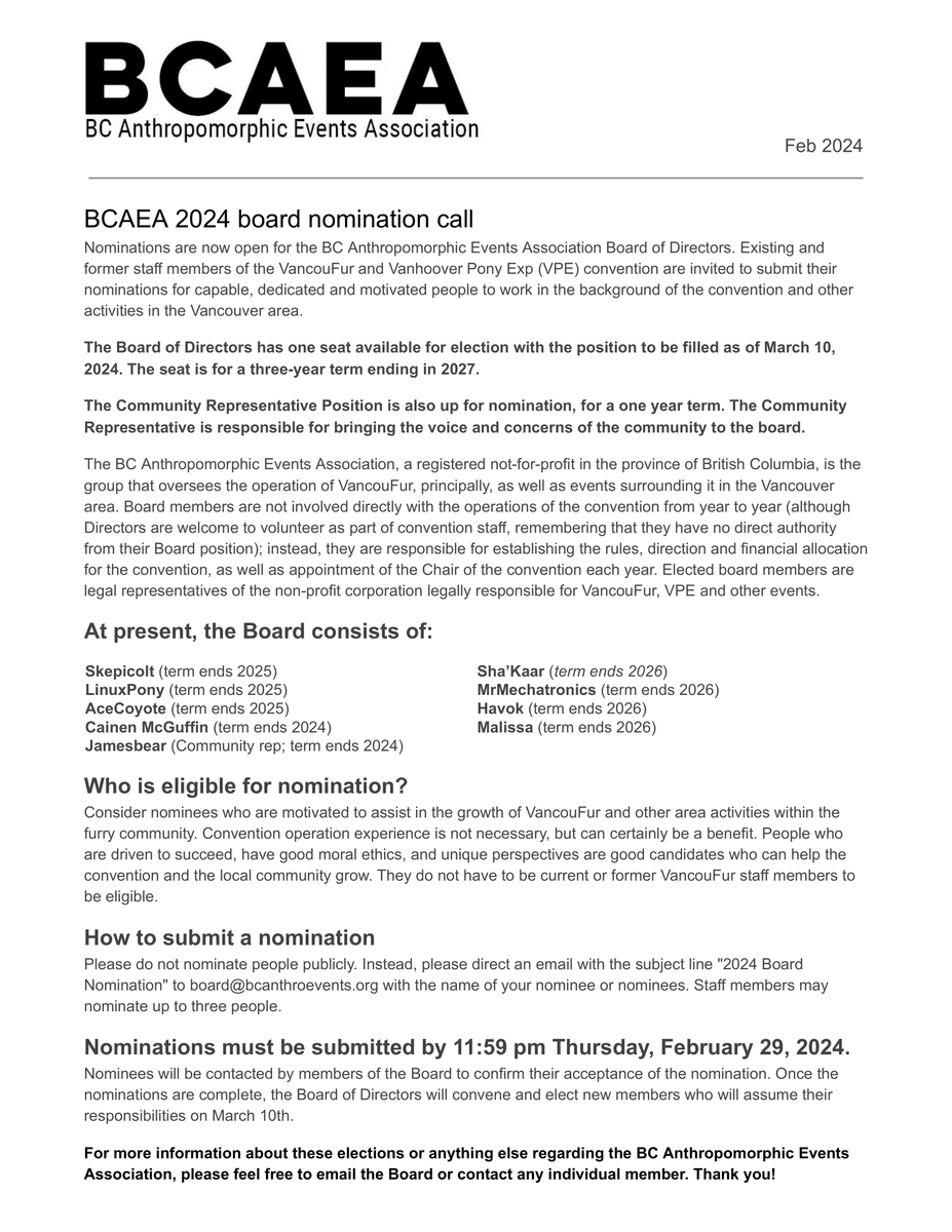 BCAnthroEvents's tweet photo. Nominations for the BCAEA board and community rep are now open! Anyone from the community can be nominated, just be sure to send your nomination in before Feb 29, 2024. Send your nomination to board@bcanthroevents.org. https://t.co/eSV6PSpr5N