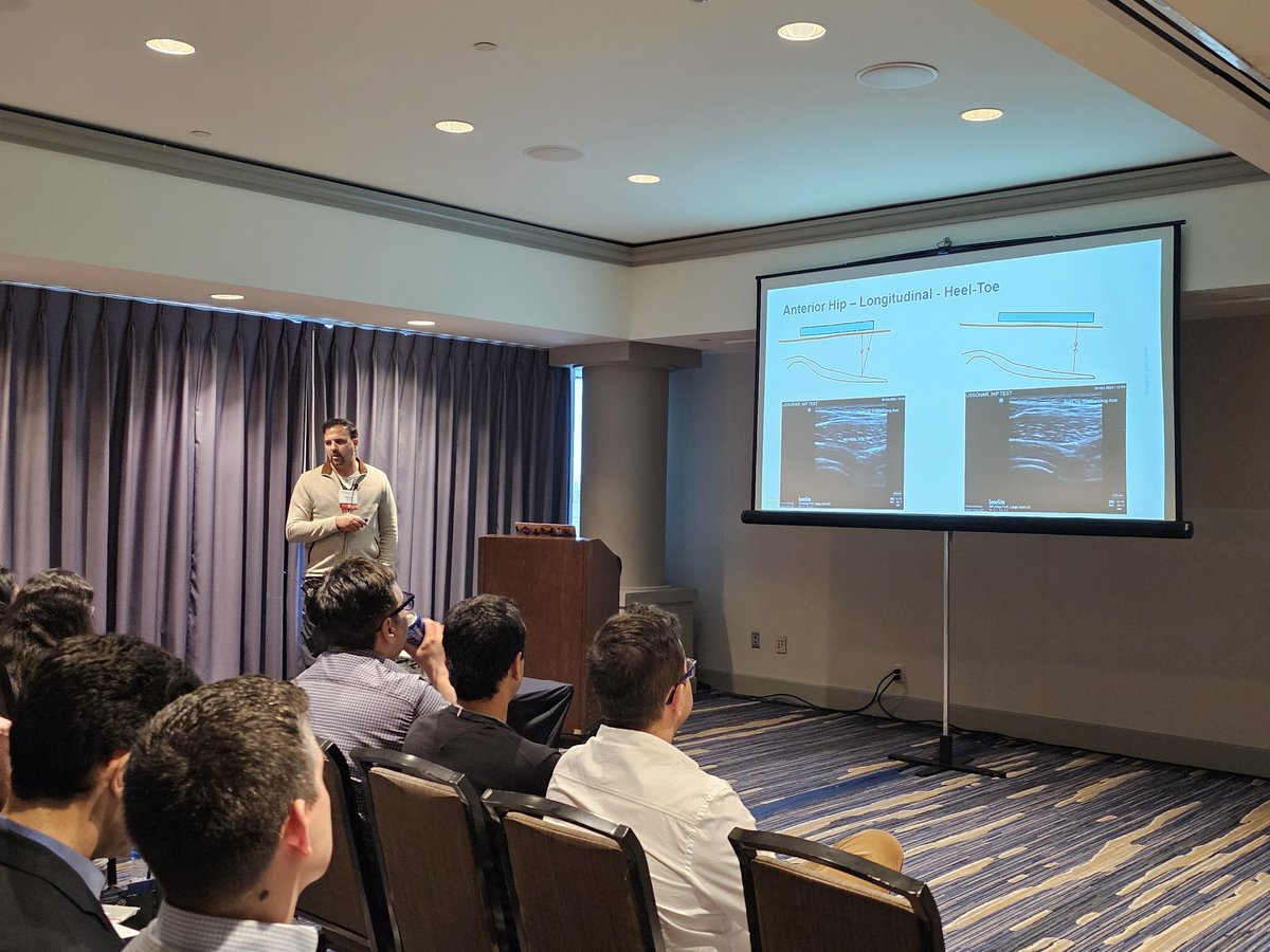 USSONAR_Rh's tweet photo. USSONAR faculty @faslammd  presents #Ultrasound of the Hip. Scanning tip: use heel toe maneuvers to better visualize entire anterior hip joint and avoid anisotropy #POCUS #meded #MedTwitter #rheumatology https://t.co/fkSDfQRDUp