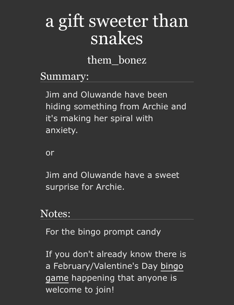 zabrakshow's tweet photo. For my first bingo entry using the prompt βcandyβ a little Jim/oluwande/archie fluff πππ
https://t.co/rLluohEk6L
#ofmdfeb2024 https://t.co/AkfFoytfOb