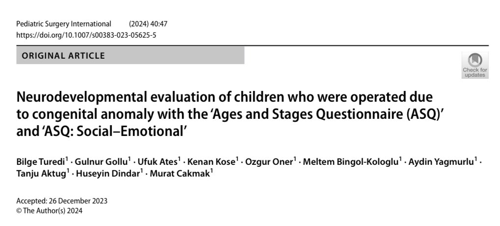 Our study implicating the #neurodevelopment of children operated due to #congenitalanomalies is newly published in #pediatricsurgeryinternational 

Not only surgical follow up but also developmental screening is essential for these special patient group!

link.springer.com/content/pdf/10…