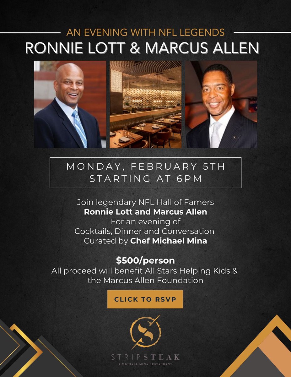 Monday! @MarcusAllenHOF, Michael Mina and I at @STRIPSTEAKLV in support of The Marcus Allen Foundation and @AllStarsforKids. You are going to want to be there. fundraise.givesmart.com/form/lefjkw?vi…