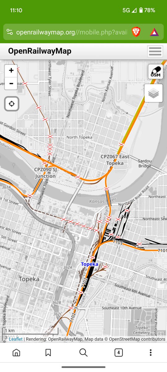 Mowerybc's tweet photo. @GreatDenTransit @JCRiecke Assuming they'd stop in Topeka, how do you imagine they'd route it through? Tracks from the West are on the north side of river and would seemingly need to reverse direction somehow even with new trackage to continue east to KC. Maybe it's no big deal, but I've wondered this. https://t.co/l4fvQmbhzc